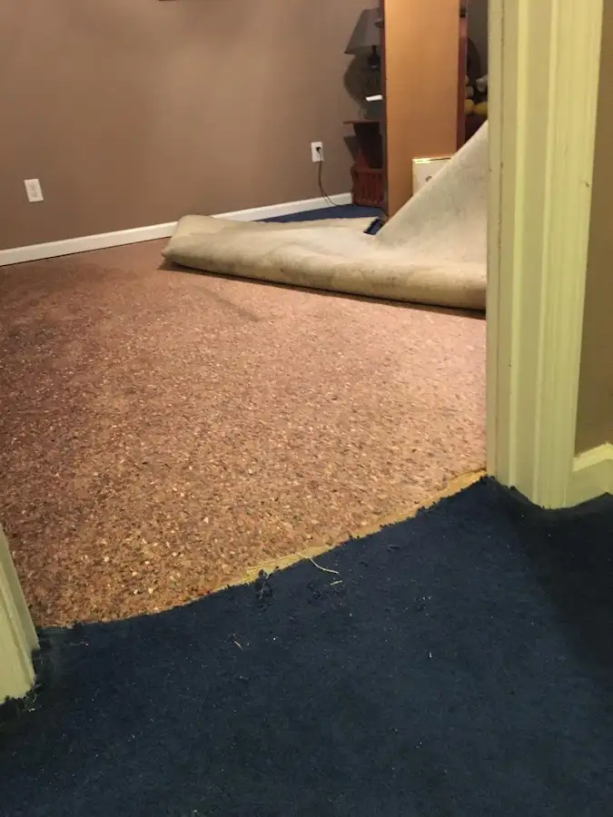 Carpet pad removal revealing water damage during Drying & Dehumidification in Avon Lake